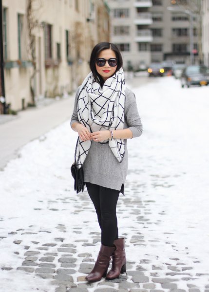 gray sweater with white and black checked scarf
