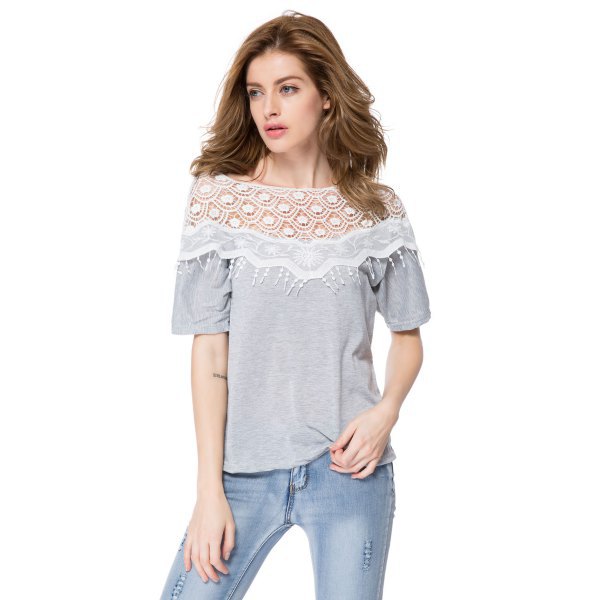 gray t-shirt with lace and fringe details