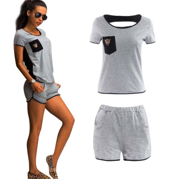 gray t-shirt with mini sweat shorts and slippers with leopard print