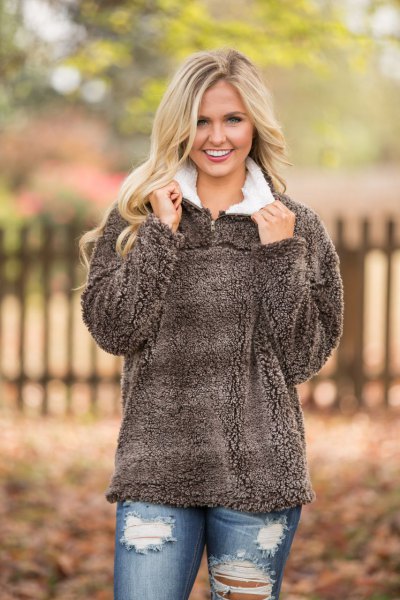 gray teddy sweater with white collar