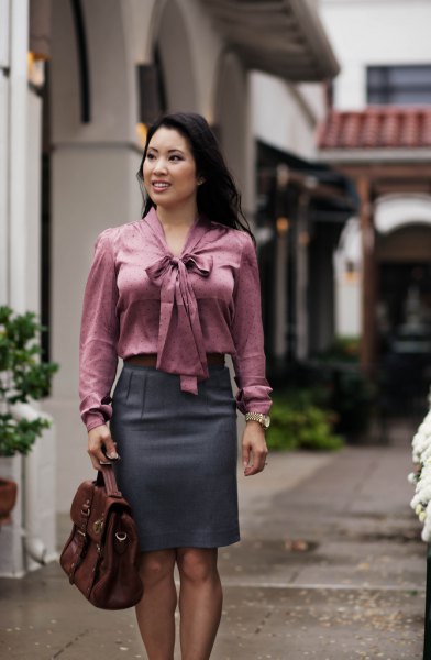 gray blouse in front with matching pencil skirt