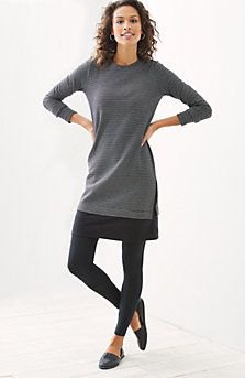 gray tunic long-sleeved top with black leggings and leather loafers