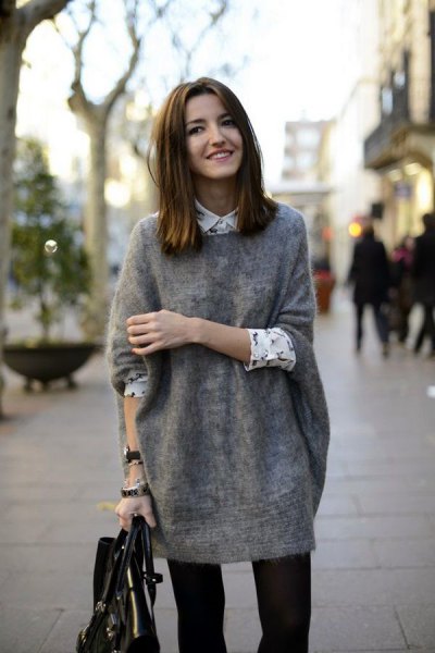 gray tunic sweater with white printed shirt blouses