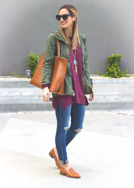 gray tunic top with denim jacket and jeans with cuffs