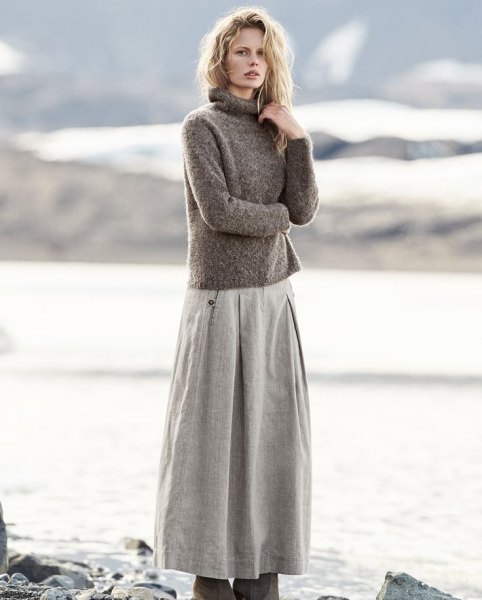 gray turtleneck knit sweater with maxi flared linen skirt
