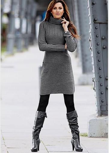 gray turtleneck dress with black knee-high leather boots