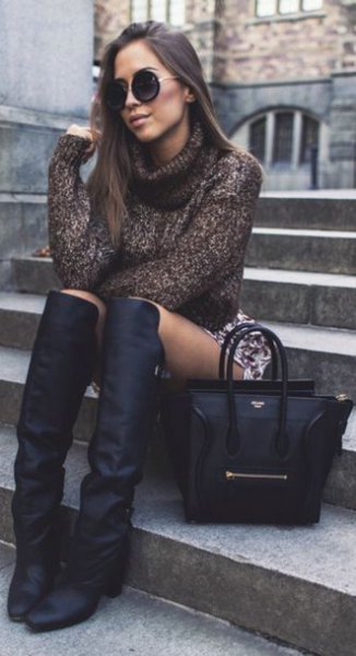 gray turtleneck with a printed mini skirt and square toe boots above the knee