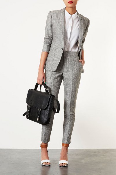 gray tweed suit white shirt with buttons
