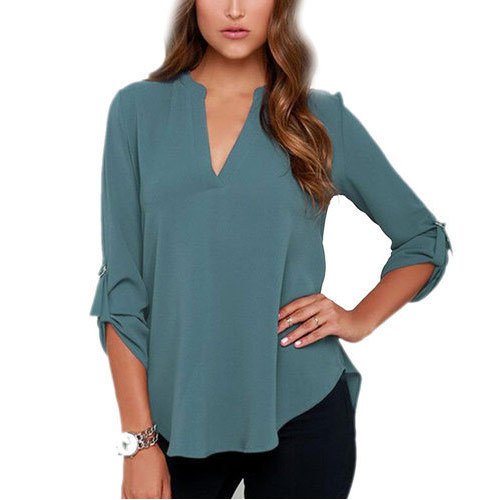 gray buttonless rayon shirt with V-neck