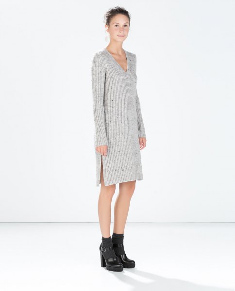 gray knitted sweater dress with V-neck