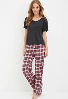 gray V-neck t-shirt and checked pants with a relaxed fit