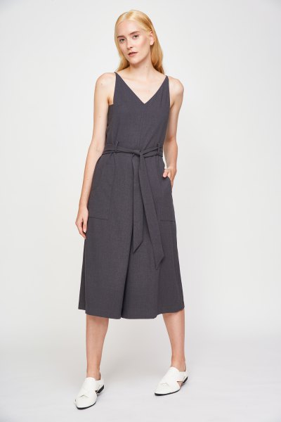 gray jumpsuit with V-neck and waistband