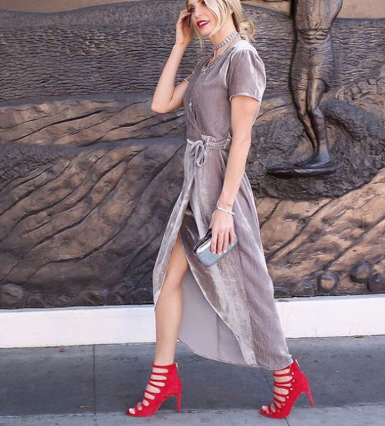 gray velvet wrap maxi dress, red strappy heels