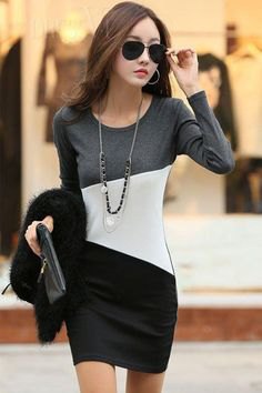 gray white and black color block long sleeved bodycon mini dress