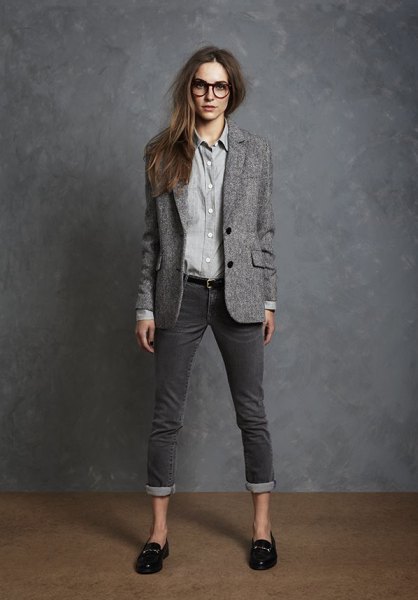 gray wool blazer with chambray shirt and jeans with cuffs