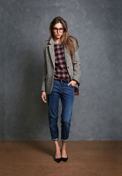 gray wool blazer with checked sweatshirt and cuffed jeans