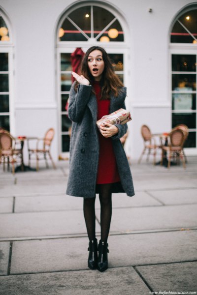 gray wool coat dress with black leggings leather boots