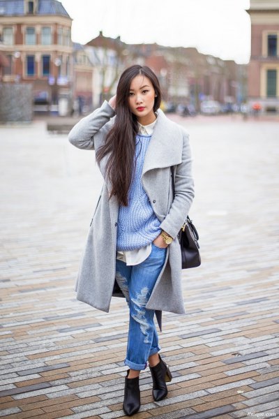 long gray wool coat with a ribbed sweater and boyfriend jeans