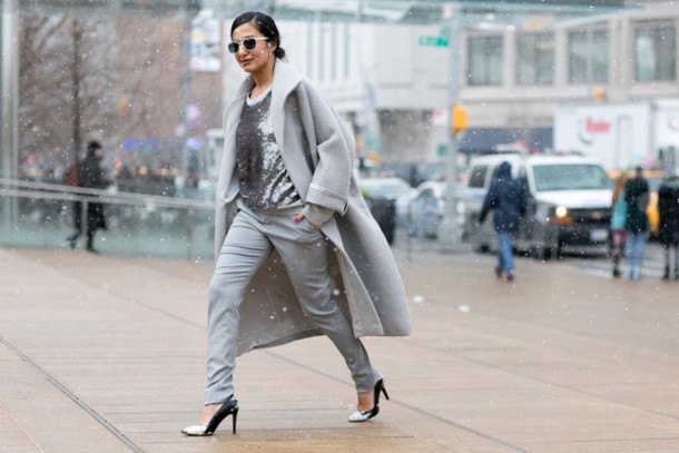 gray long wool coat with a silver sequin blouse