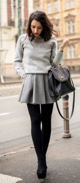 gray wool mini skirt knitted sweater