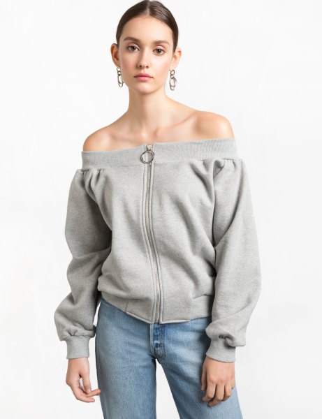 gray zip on the front of the shoulder sweatshirt