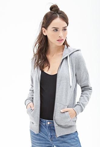 gray hooded sweater with zip, black tank top with scoop neckline and skinny jeans