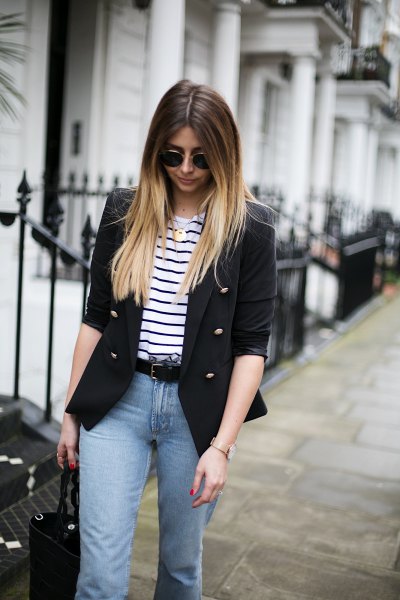 Half-sleeve blazer with black and white striped T-shirt