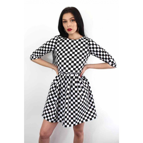 Checked fit and flared mini dress with half sleeves