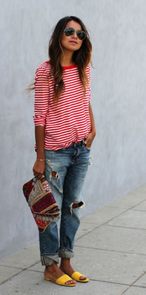 red and white striped t-shirt with half sleeves, ripped boyfriend jeans