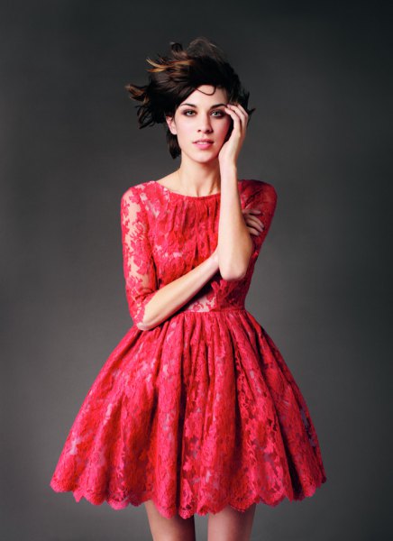 red lace skater dress with half sleeves