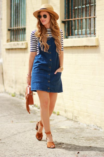 striped t-shirt straw hat with half sleeves