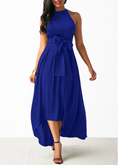 Maxi dress with a halterneck fit and a flared maxi tie waistband with open toe heels