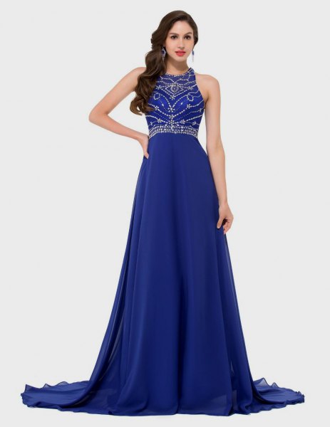 Sequin fit with halter neckline and a flared, royal blue, long dress