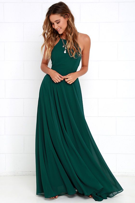 Emerald green dress with halter neckline