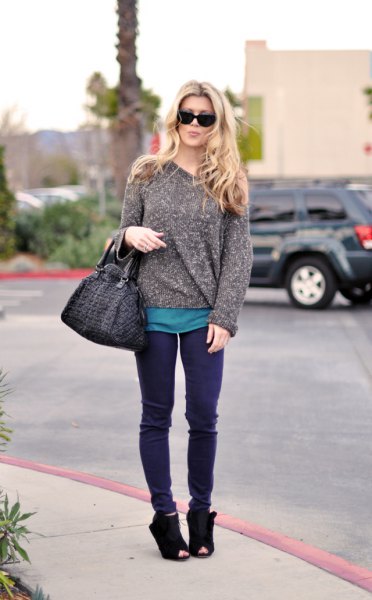heather gray, chunky sweater with purple jeans and suede boots