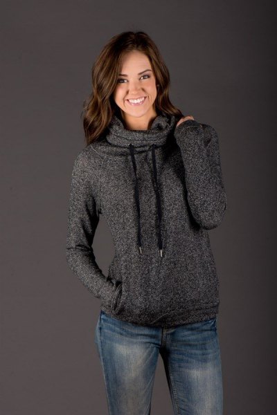 heather gray hoodie with a cowl neckline and blue straight-leg jeans