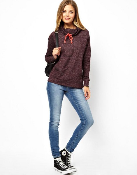 heather gray hoodie with waterfall neckline, skinny jeans and high trainers