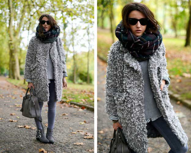 heather gray fuzzy pullover jacket with skinny jeans