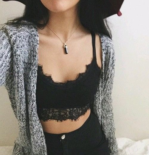 Heather gray knitted sweater, cardigan, black bralette