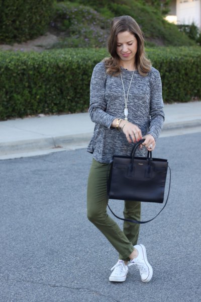 heather gray, loose fitting sweater with green straight leg trousers