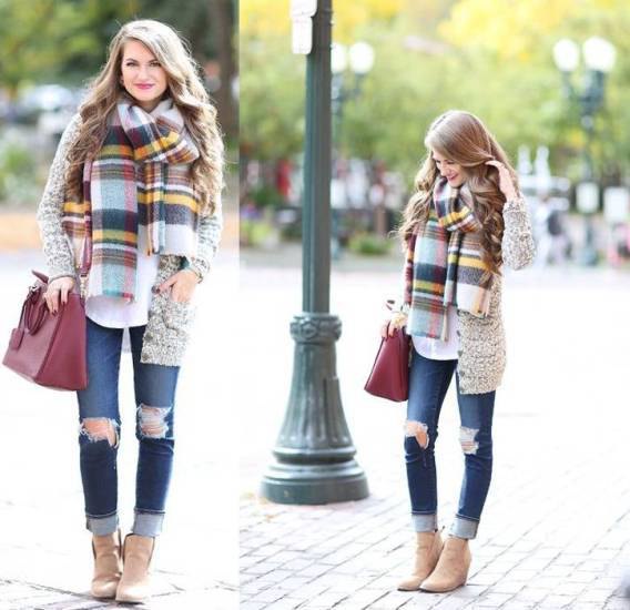 heather gray scarf with a colorful plaid scarf