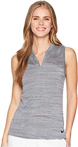 Heather gray sleeveless polo shirt with white trousers