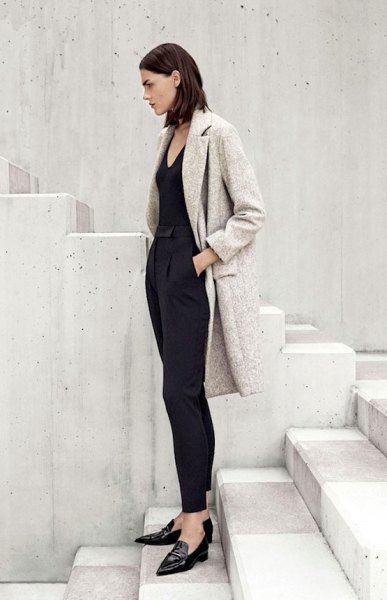 heather gray wool coat all black outfit