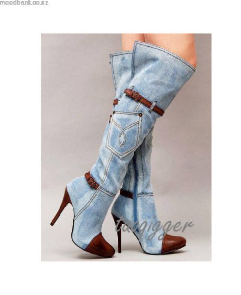 high-heeled, knee-high jeans boots with mini dress