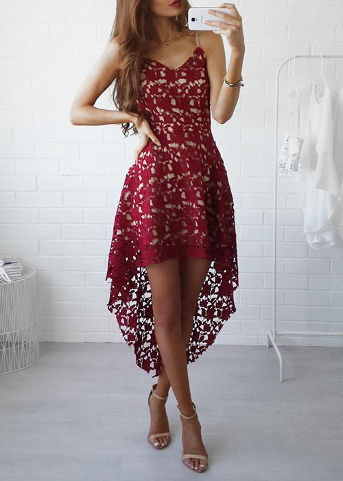 High low lace dress red