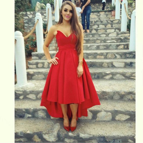 Red strapless high low prom dress, red homecoming dress · Dress .