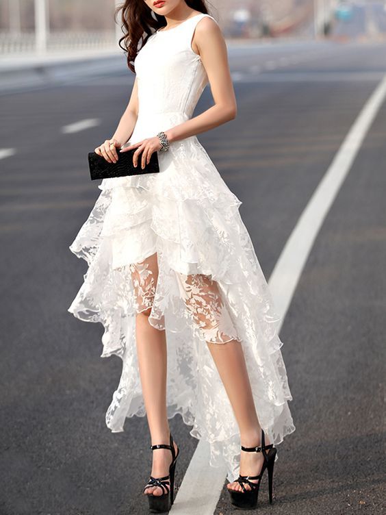 High low prom dress white lace