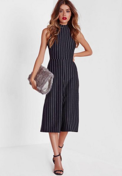 sleeveless, striped culotte overall with a high neck
