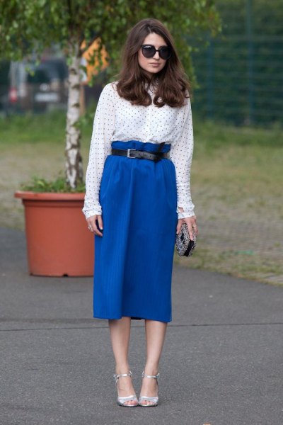 high waisted midi shirt with royal blue skirt and polka dot shirt