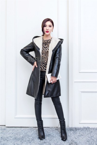 black long leather jacket with hood cheetah top